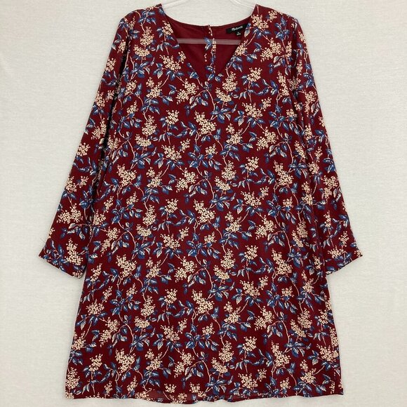 Madewell Burgundy Floral V Neck Button Back Long Sleeve Feminine Dress Medium - Picture 1 of 13